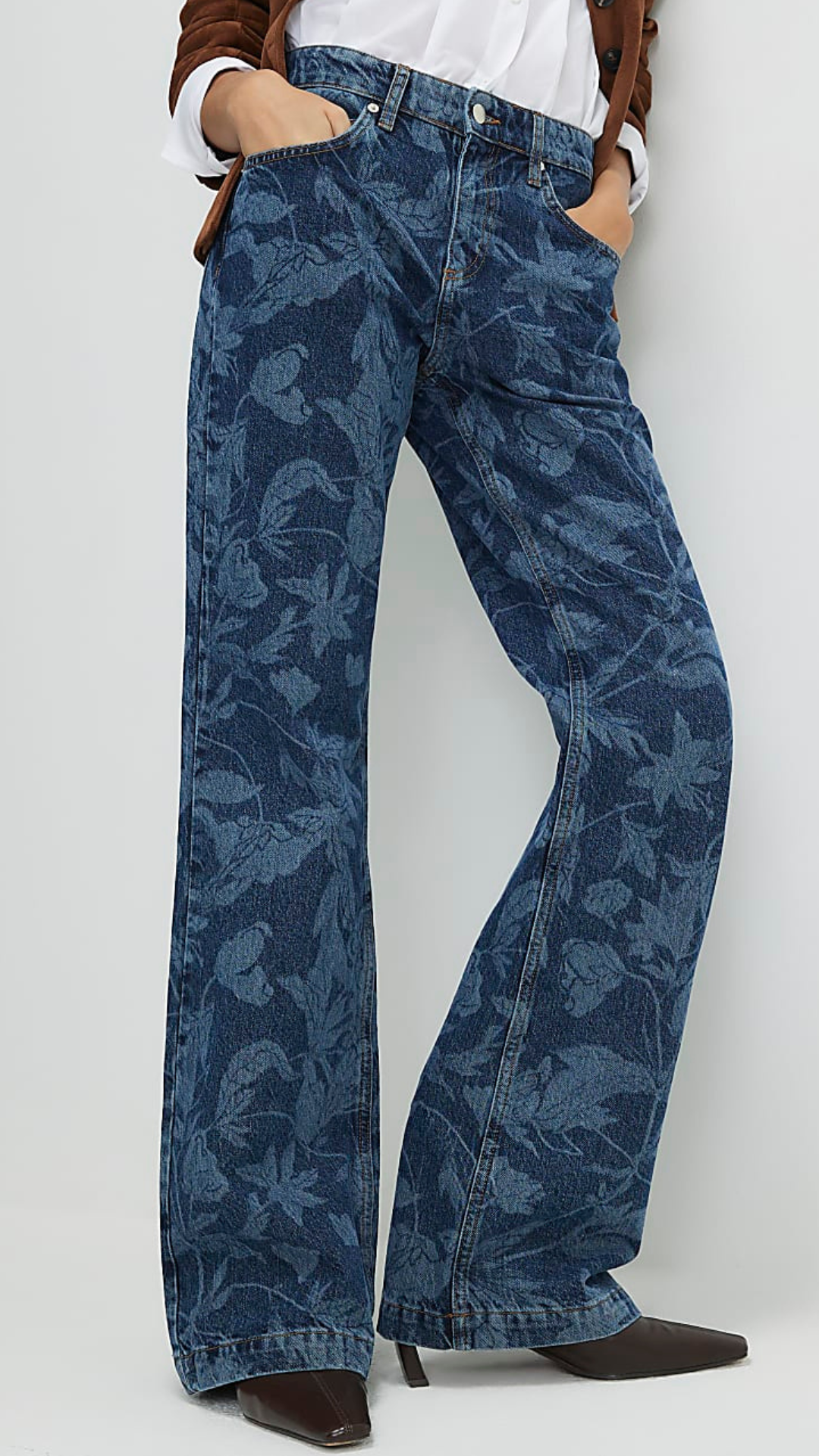 Blue Mid Rise Floral Bootcut Jeans