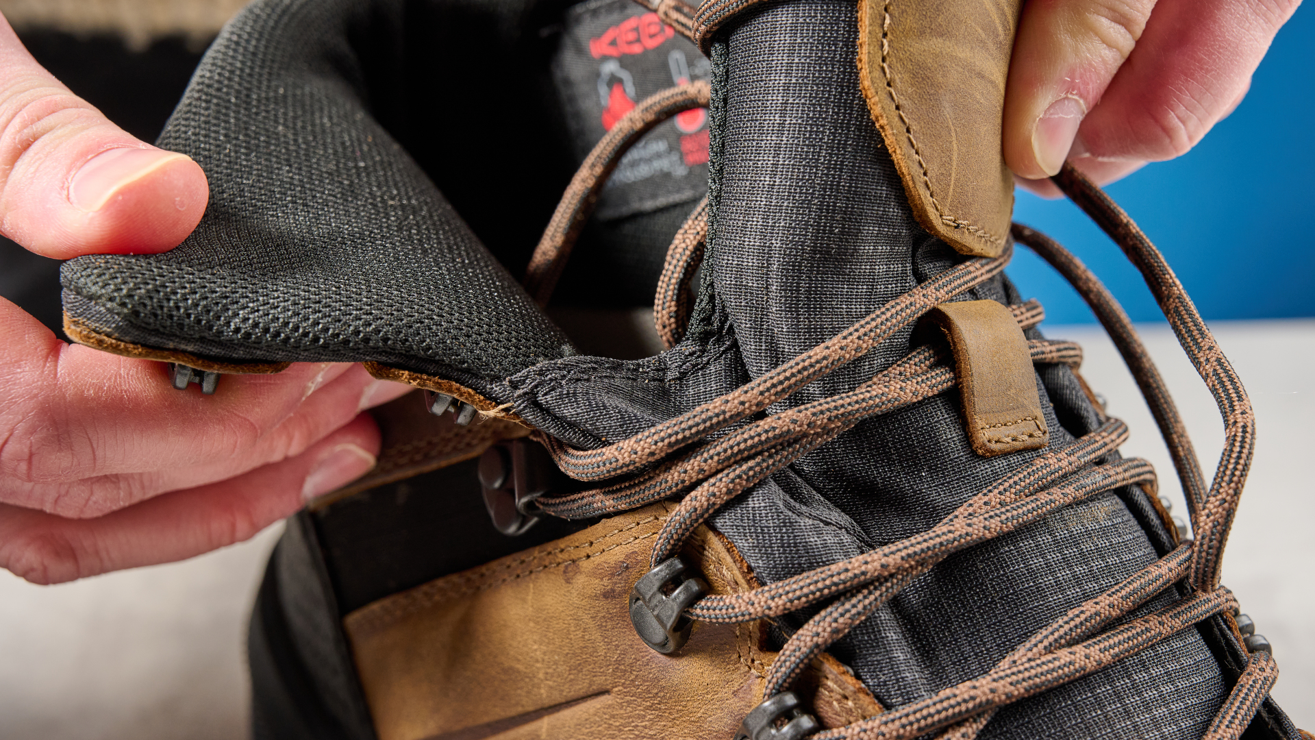 The Keen Revel IV tongue lace section being pulled open
