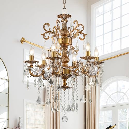 Meelighting Luxury Antique Bronze Crystal Chandeliers With Candle Pendant Ceiling Light Fixture - 6 Lights Gold Crystal Chandelier for Dining Room, Living Room, Kitchen, Bedroom - D23 Inch