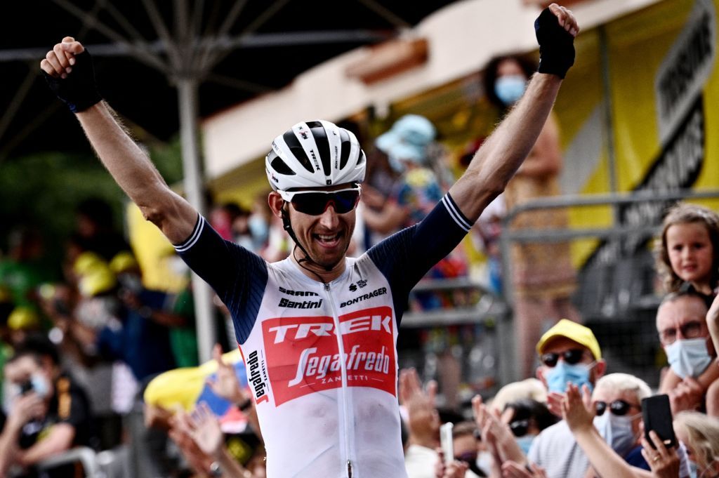 TOPSHOT Team Trek Segafredos Bauke Mollema of Netherlands celebrates as he crosses the finish of the 14th stage of the 108th edition of the Tour de France cycling race 183 km between Carcassonne and Quillan on July 10 2021 Photo by AnneChristine POUJOULAT AFP Photo by ANNECHRISTINE POUJOULATAFP via Getty Images