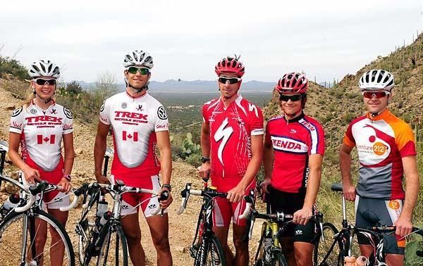 Mountain biker training on the road (L to R) Emily Batty (Trek Bicycle Store), Adam Morka (Trek Bicycle Store), Todd Wells (Specialized), Andy Schultz (Kenda/Titus), T.J. Woodruff (Adventure212)