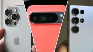 Apple iPhone 16 Pro, Google Pixel 9 Pro XL in Coral Mous case and Samsung Galaxy S25 Ultra camera close-ups