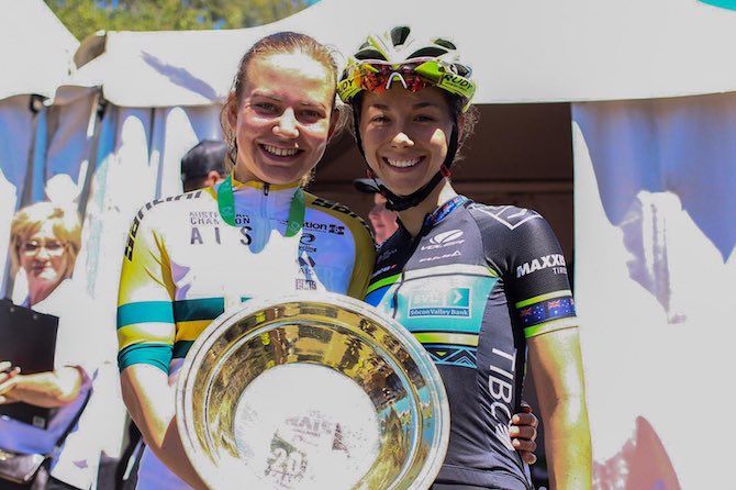 New 2019 elite women's Australian road race champion Sarah Gigante (left) with 2018 champion Shannon Malseed