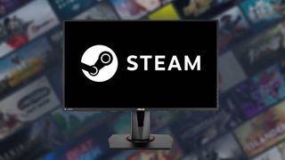 Gaming monitor with Steam logo on screen and blurred games library backdrop