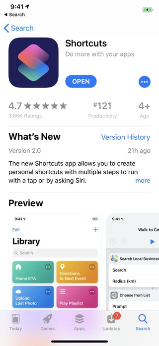 Screenshot of the Shortcuts app download page from the App Store