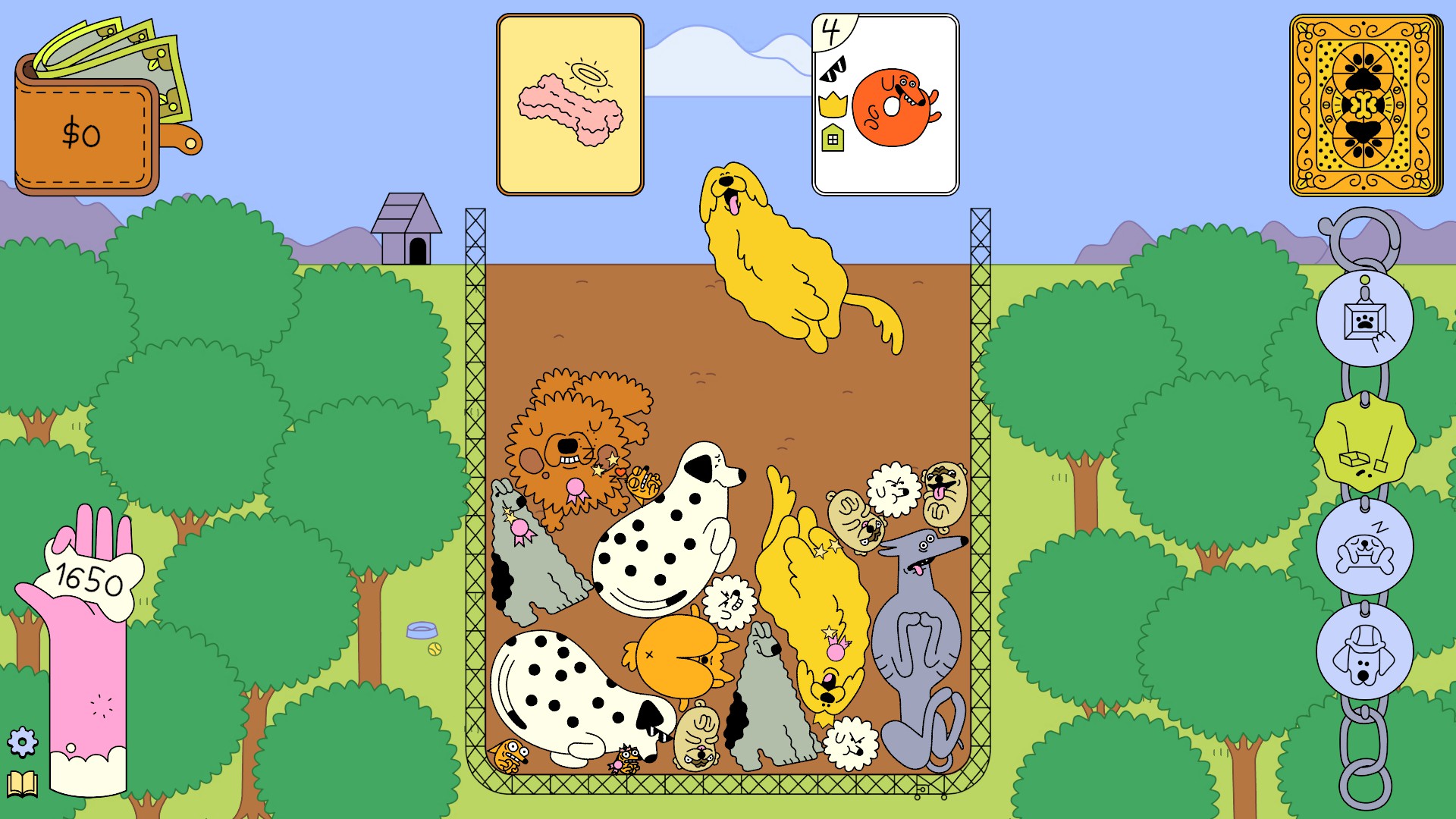 Dogpile screenshot showing various dogs piled up in a yard with cards at the top showing a useable bone item and another dog to place