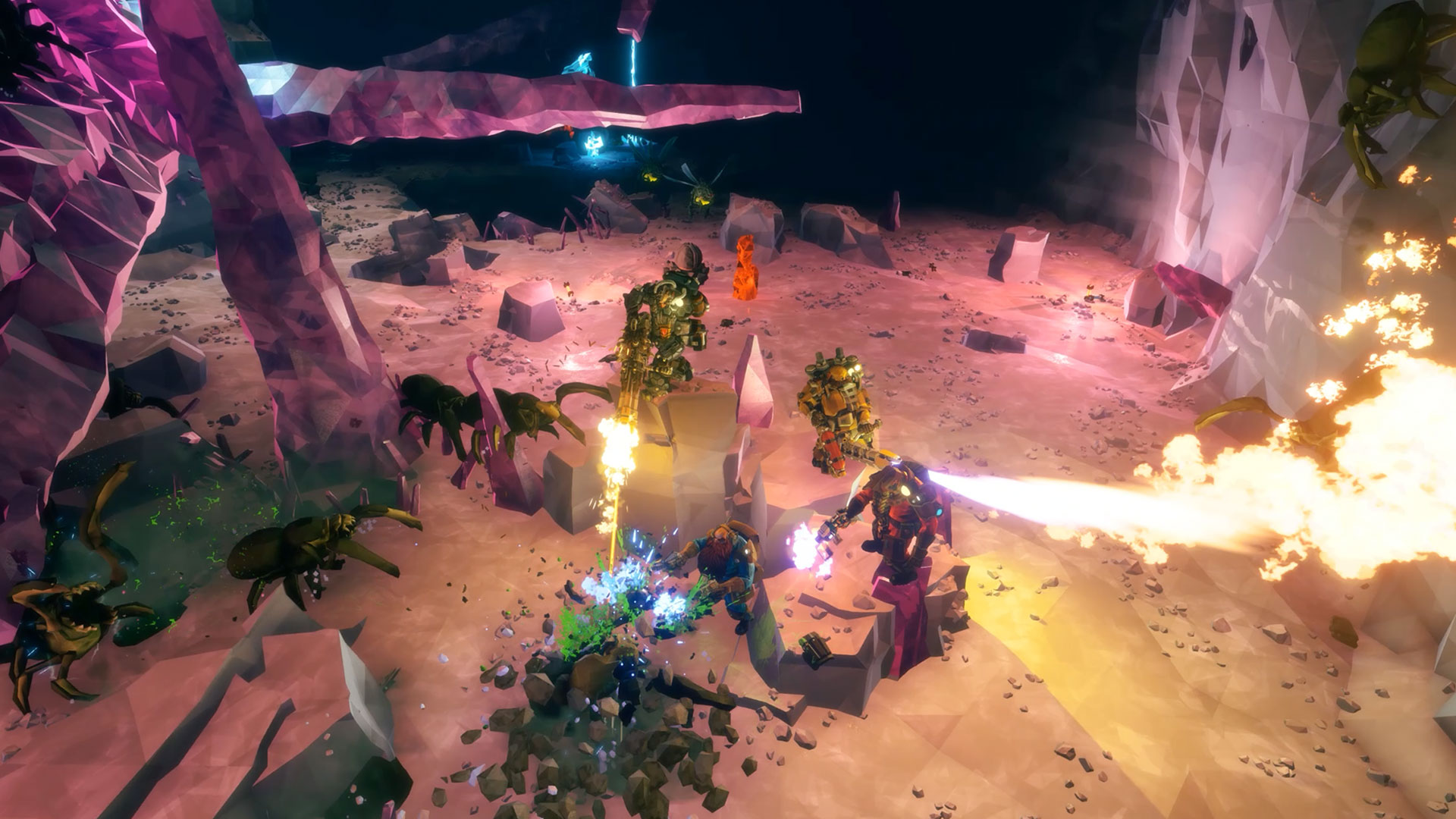 Players mining and fighting off giant ants in Deep Rock Galactic