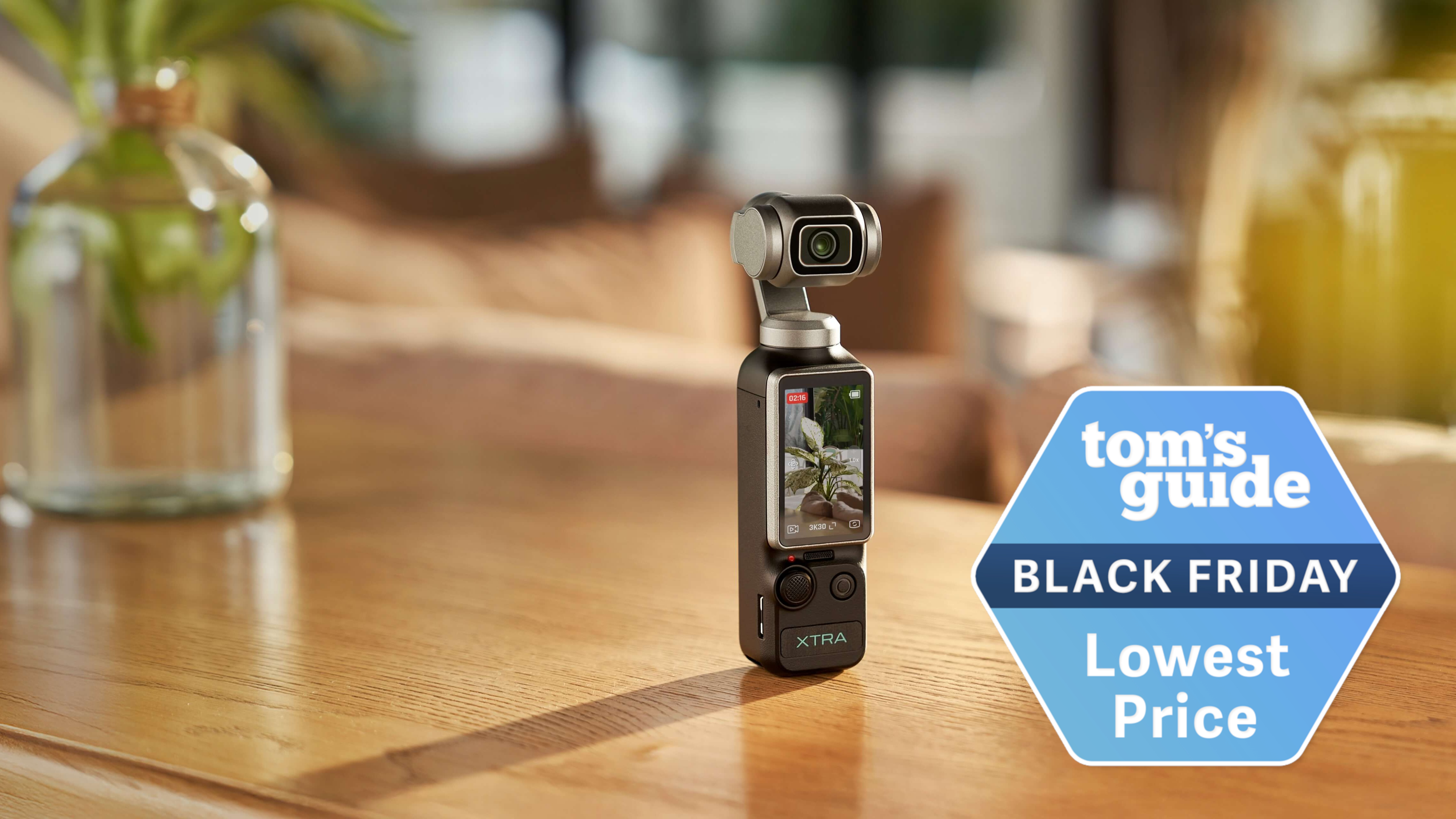 The Xtra Muse vlogging camera on a table with a Tom's Guide Black Friday Lowest Price deals badge