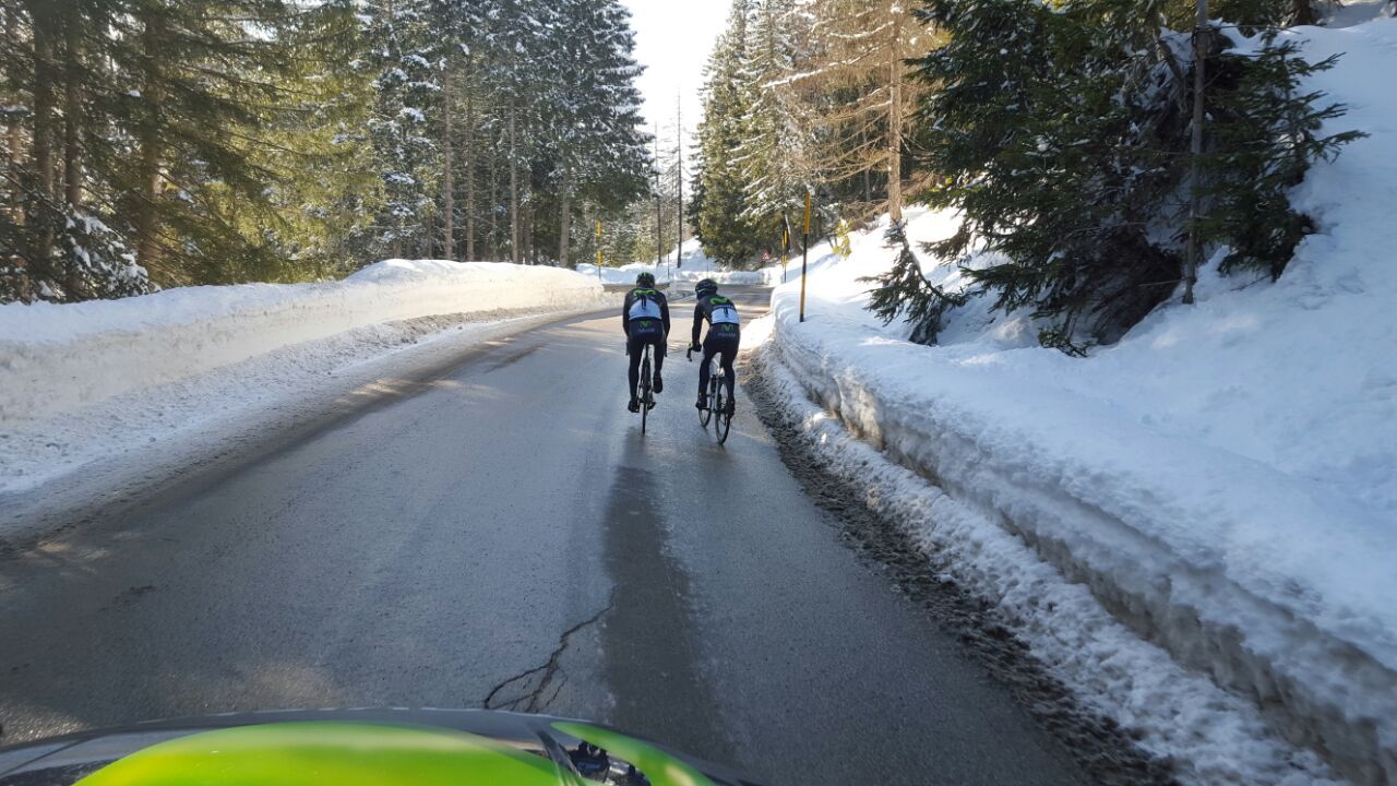 Alejandro Valverde and Andrey Amador (Movistar) preview the route for stage 14 of the Giro d'Italia