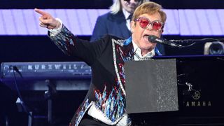 Elton John performs during his farewell tour at Dodger Stadium.