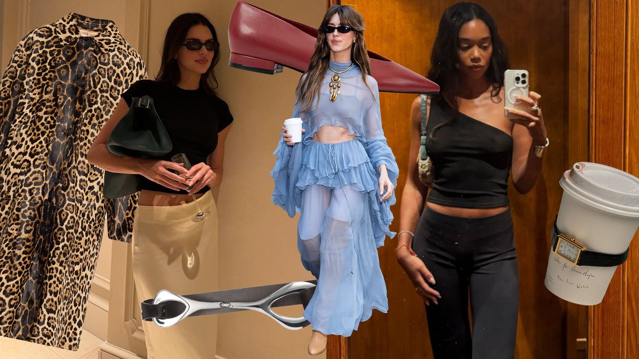 A collage of viral fall 2024 items, including Kendall Jenner carrying a The Row bag, Daisy Edgar Jones wearing a Chloé boho dress, and Laura Harrier in a one-shoulder Reformation top.