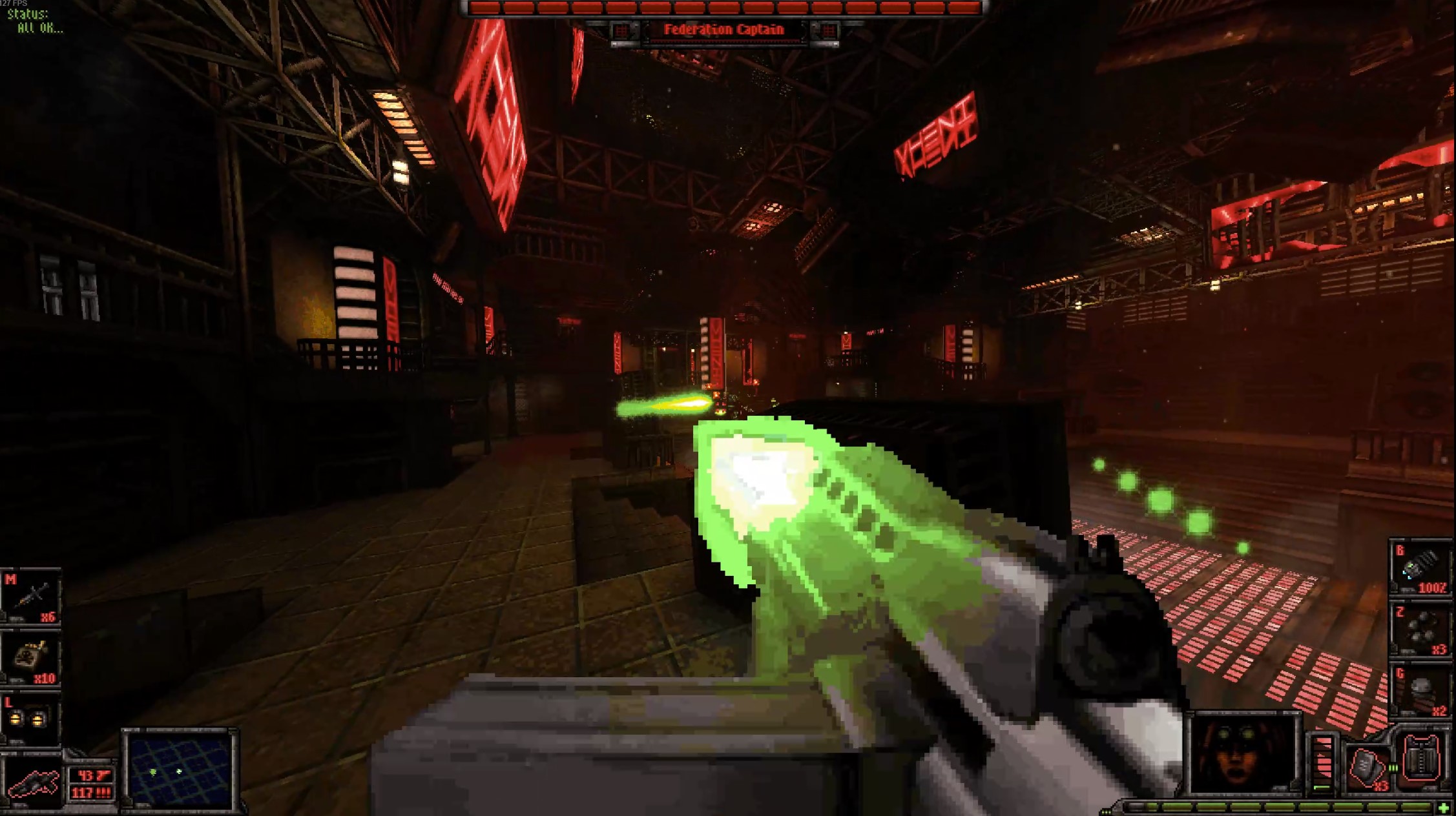 first person view of plasma rifle with green particle effects firing in Fortune's run