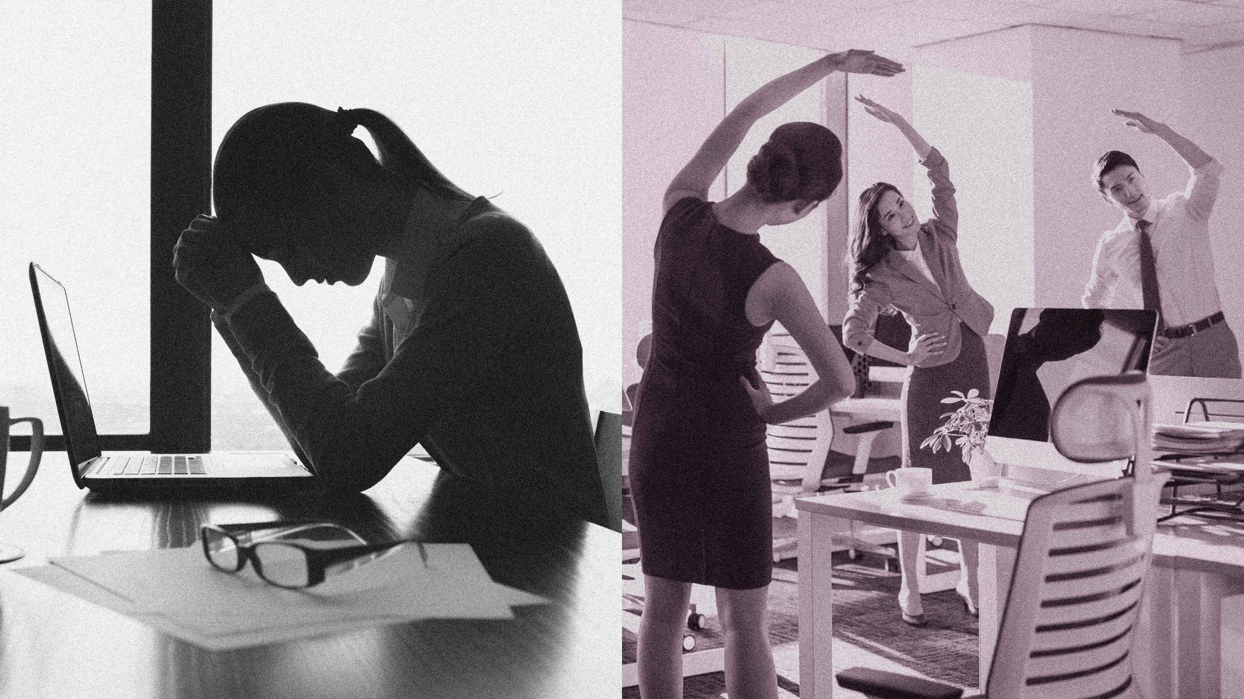 Split image showing two contrasting office scenes. On the left, a woman sits at a desk with her head in her hands, looking stressed in front of a laptop. On the right, three office workers in business attire stand beside their desks smiling and stretching with arms overhead as part of a workplace wellness activity.