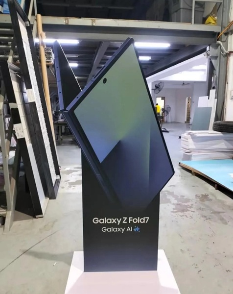 A photo of Samsung's promotional standee for the Galaxy Z Fold 7, which appears much thinner than the Fold 6.