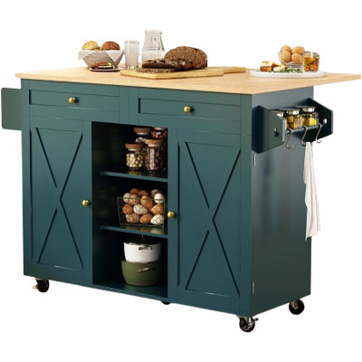 teal freestanding kitchen island on wheels