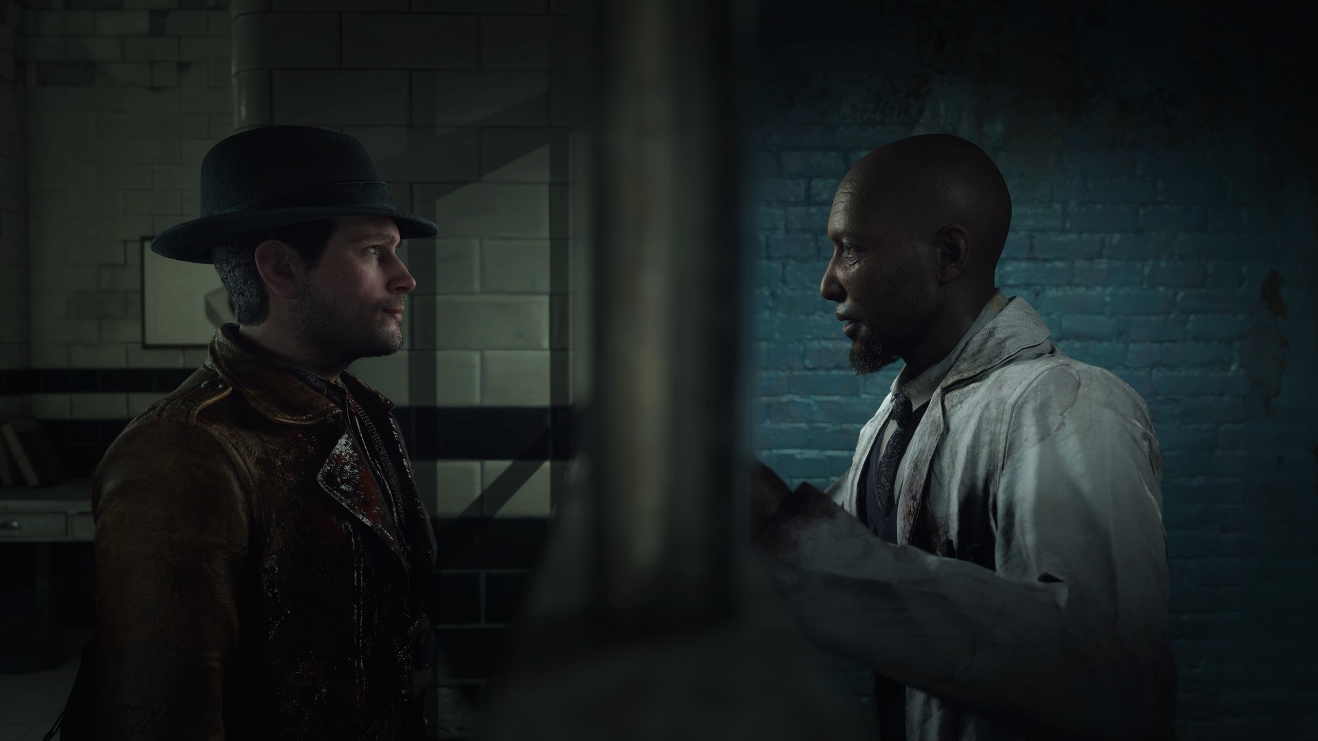 Thaddeus Lowe, a surgeon, speaks with Calvin through a locked metal gate in The Sinking City 2