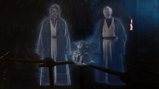 Force Ghost Anakin, Yoda, Obi-Wan Kenobi smiling at Luke Skywalker at the end of Star Wars: Return of the Jedi