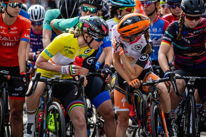 Race leader Anna van der Breggen and Boels Dolmans teammate Katie Hall make plans ahead of stage 3 of the 2019 Tour of California Women's Race