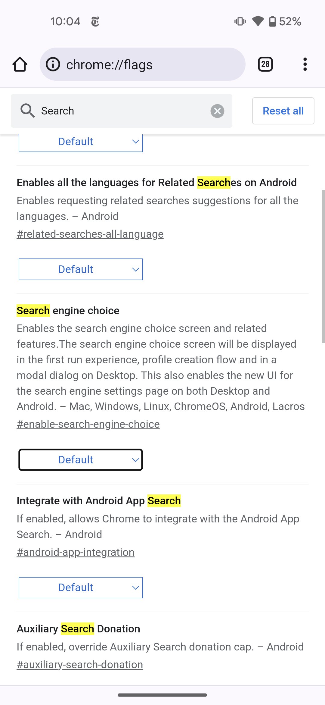 A screenshot of search engine on Chrome