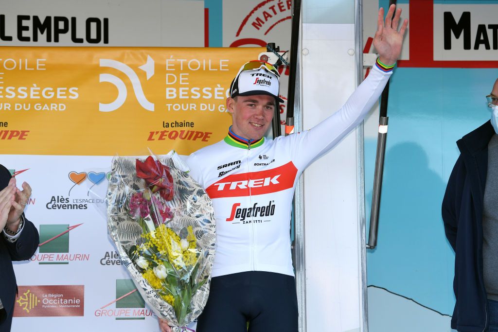 BELLEGARDESURVALSERINE FRANCE FEBRUARY 02 Mad Pedersen of Denmark and Team Trek Segafredo celebrates at podium as stage winner during the 52nd toile De Bessges Tour Du Gard 2022 Stage 1 a 1608km stage from Bellegarde to Bellegarde 161m EtoiledeBesseges EDB2022 on February 02 2022 in BellegardesurValserine France Photo by Luc ClaessenGetty Images