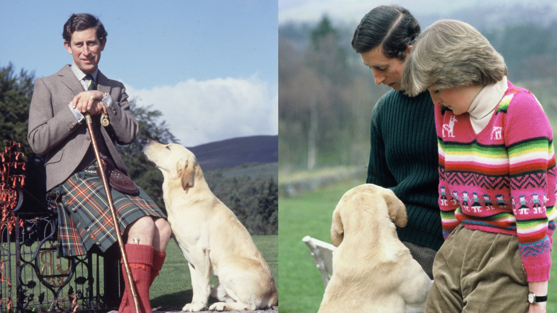 King Charles and his yellow lab; King Charles and Princess Diana with the dog
