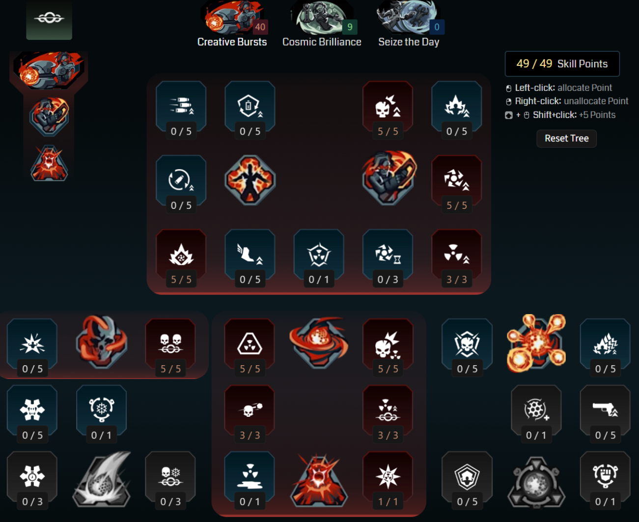 Borderlands 4 Harlowe builds: A screenshot of Harlowe's Creative Bursts tree for her Dirty Bomb build from Maxroll's builder.
