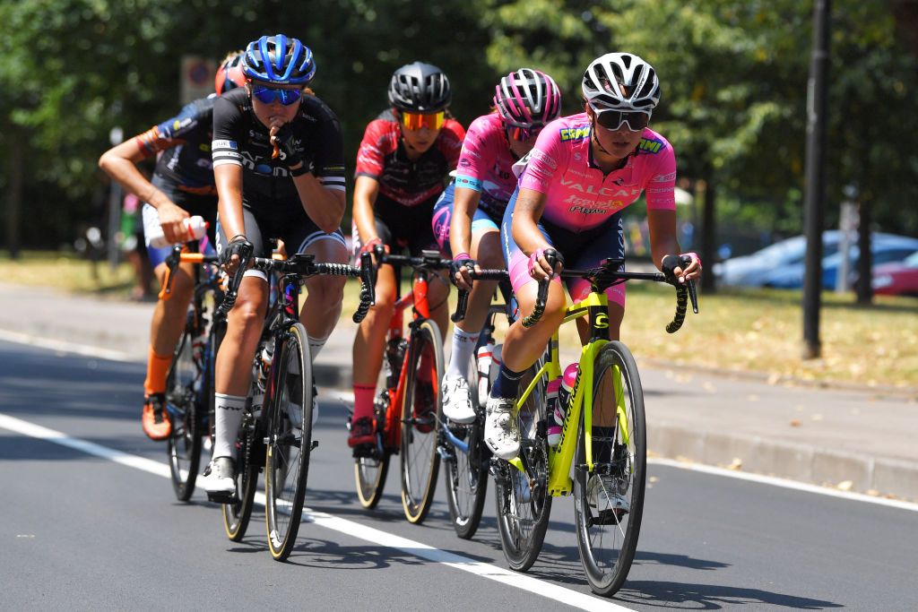 CARUGATE ITALY JULY 06 Mariia Novolodskaia of Russia and AR Monex Womens Pro Cycling Team Federica Piergiovanni of Italy and Team Valcar Travel Service in breakaway during the 32nd Giro dItalia Internazionale Femminile 2021 Stage 5 a 1201km stage from Milano to Carugate GiroDonne UCIWWT on July 06 2021 in Carugate Italy Photo by Luc ClaessenGetty Images
