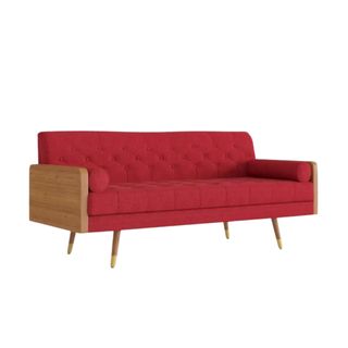 A red couch with wooden sides and legs