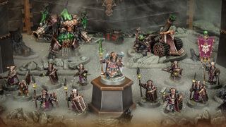 An army of Chaos Dwarf Warhammer miniatures. 