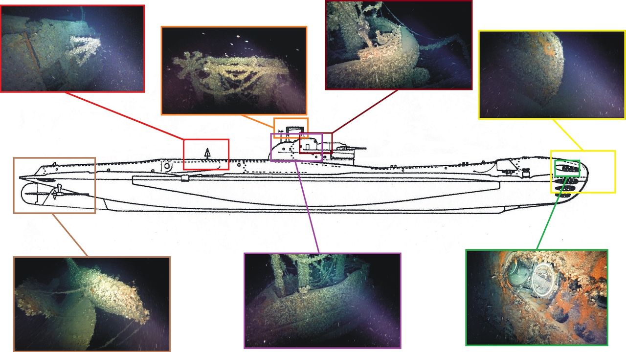 A diagram showing views of the shipwreck at different points along the submarine