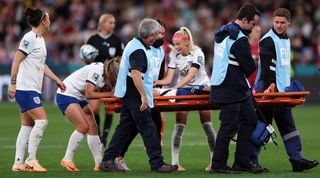 Keira Walsh is stretchered off after suffering a serious knee injury while playing for England against Denmark at the Women's World Cup in July 2023.