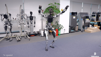 Screenshot of a dancing robot with its arms in the air.