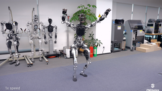 Screenshot of a dancing robot with its arms in the air.