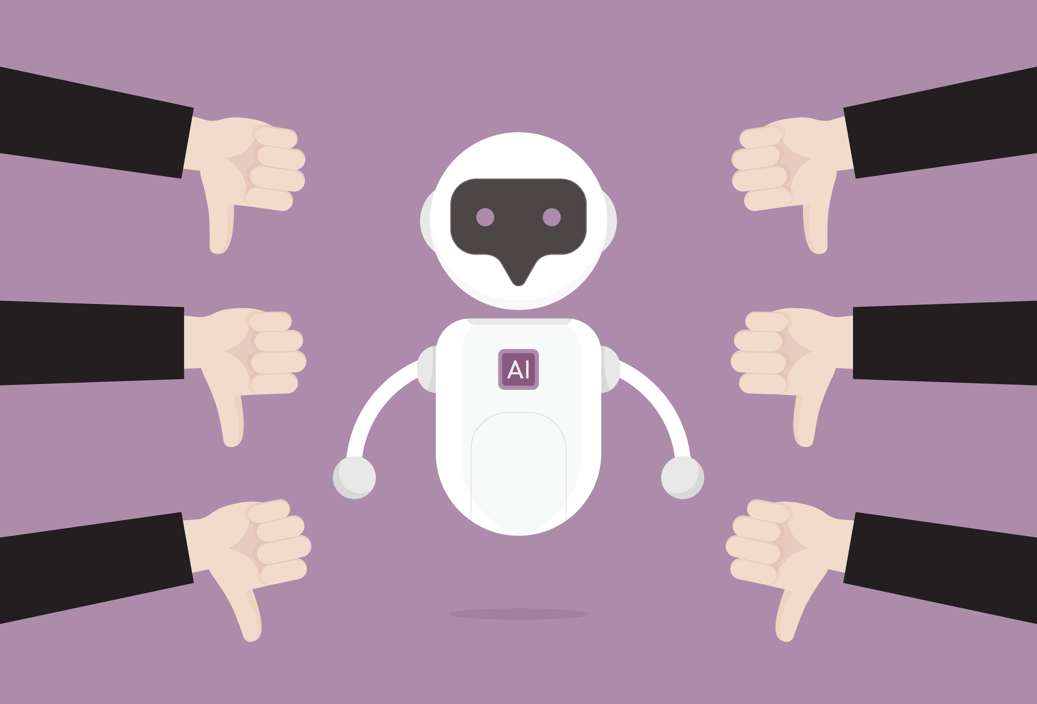 digital rendition of a white robot ai chatbot surrounded by hands with their thumbs down