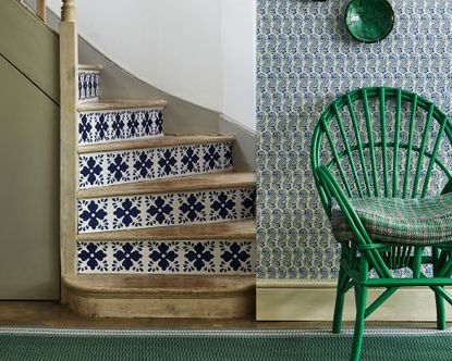 How to tile stairs with green and blue tiled stairs