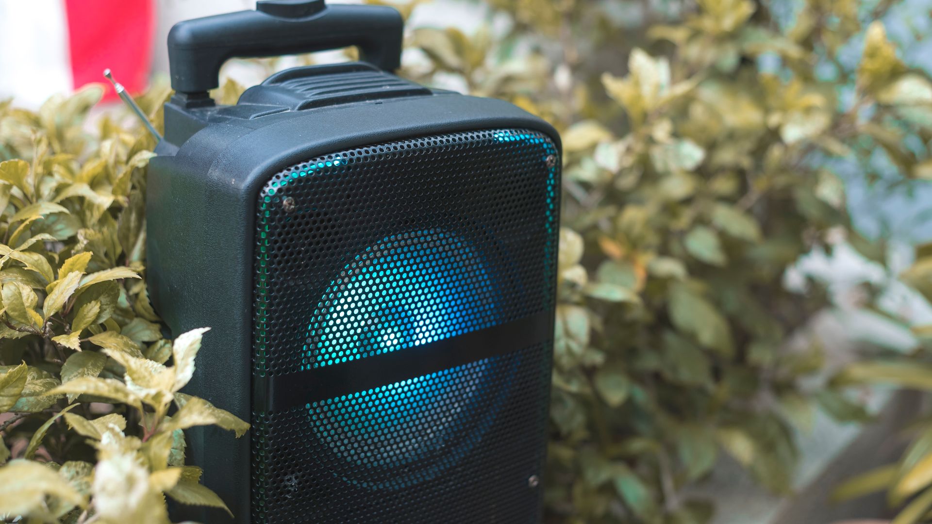 picture of bluetooth speaker on table outside in the garden