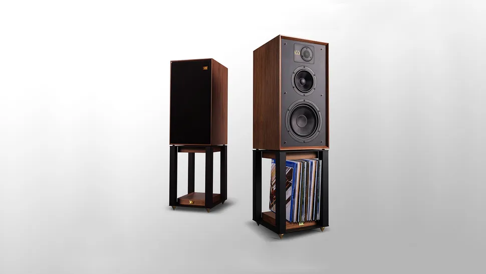 Wharfedale Linton Heritage speakers on a grey background