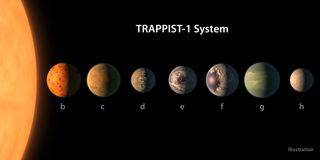 This artist's rendition shows the planets of the TRAPPIST-1 system.