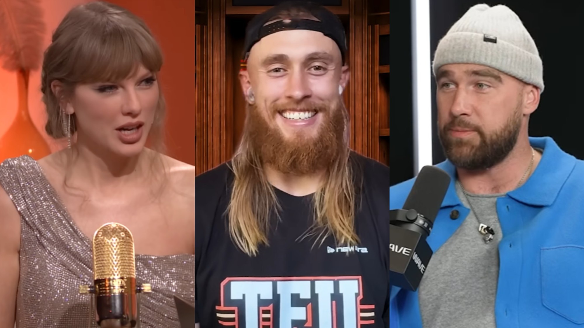 From left to right: Taylor Swift on The Tonight Show, George Kittle on New Heights and Travis Kelce on Not Gonna Lie. 