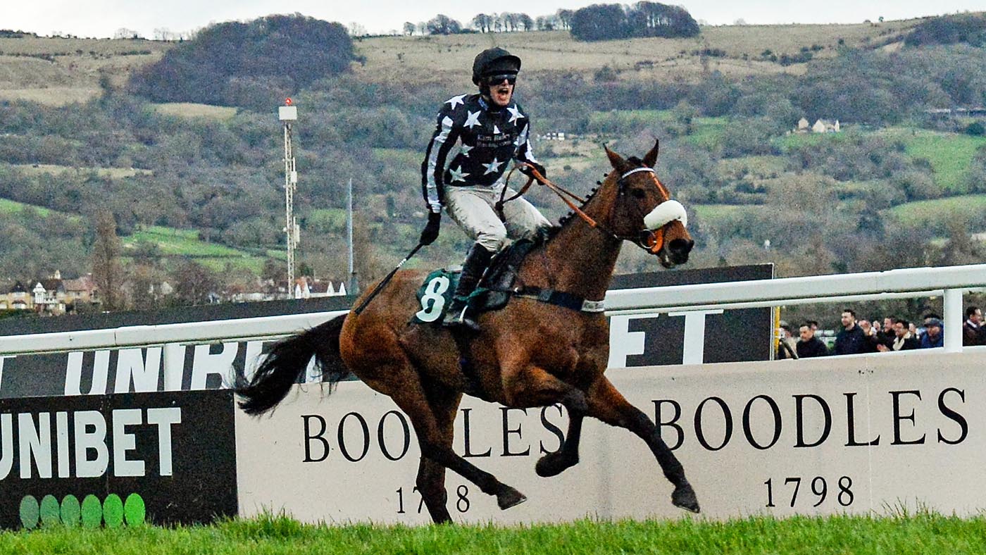 Cheltenham , United Kingdom - 10 March 2020; Jockey David Bass on Imperial Aura celebrates as he crosses the line to win the Northern Trust Company Novices&amp;acute; Handicap Chase on Day One of the Cheltenham Racing Festival at Prestbury Park in Cheltenham, England. (Photo By Harry Murphy/Sportsfile via Getty Images)