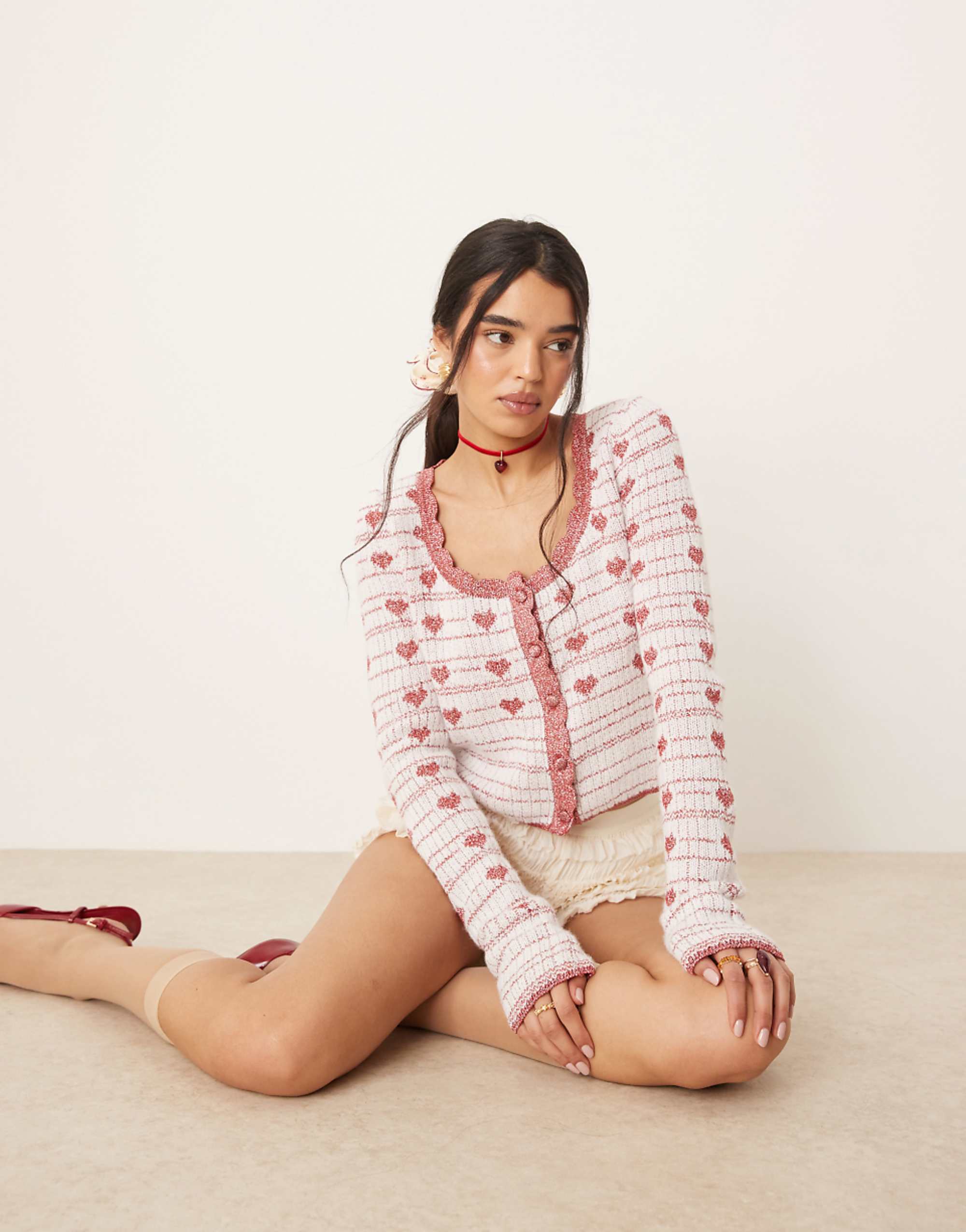 For Love & Lemons Candy Heart Knit Cardigan in Cream and Pink