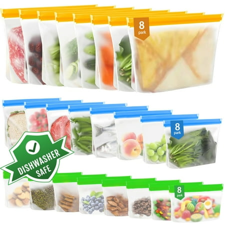 24 Pack Food Storage Bag, Freezer Bags , Reusable Silicone Storage Bags Bpa Free (24pack-8 Gallon Bags+8 Sandwich Bags+8 Snack Bags)