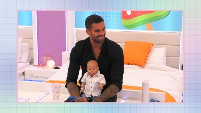 Adam Collard during the baby challenge on Love Island 2022/ in a green and blue background