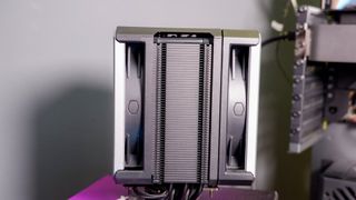 A Cooler Master Hyper 612 Apex on a desk and installed on a gaming PC.