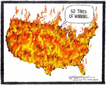 Editorial Cartoon U.S. America flames George Floyd protests tired of winning