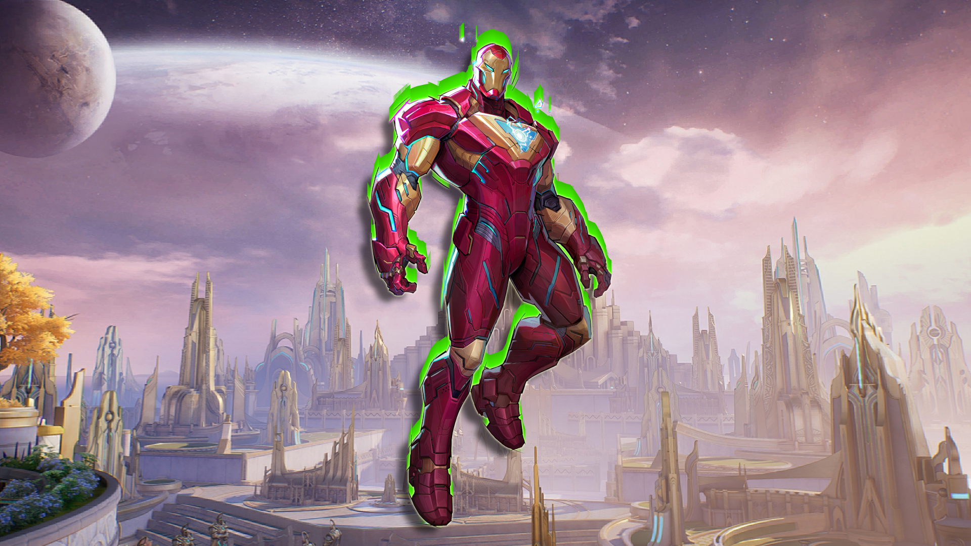 Iron Man flying against a backdrop of Asgard