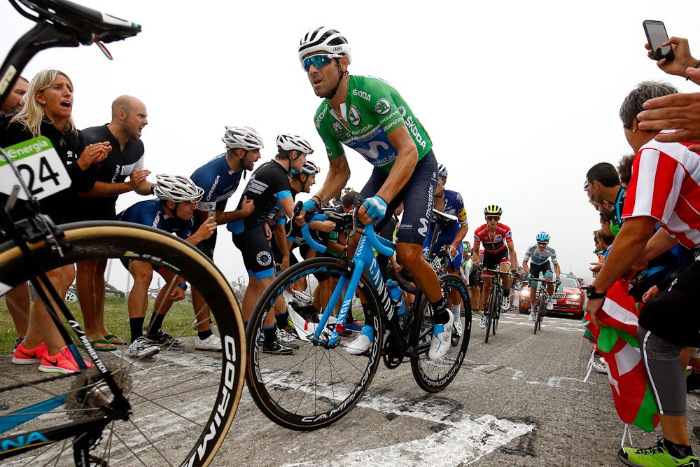 Alejandro Valverde climbs with the GC group during stage 17 at the Vuelta