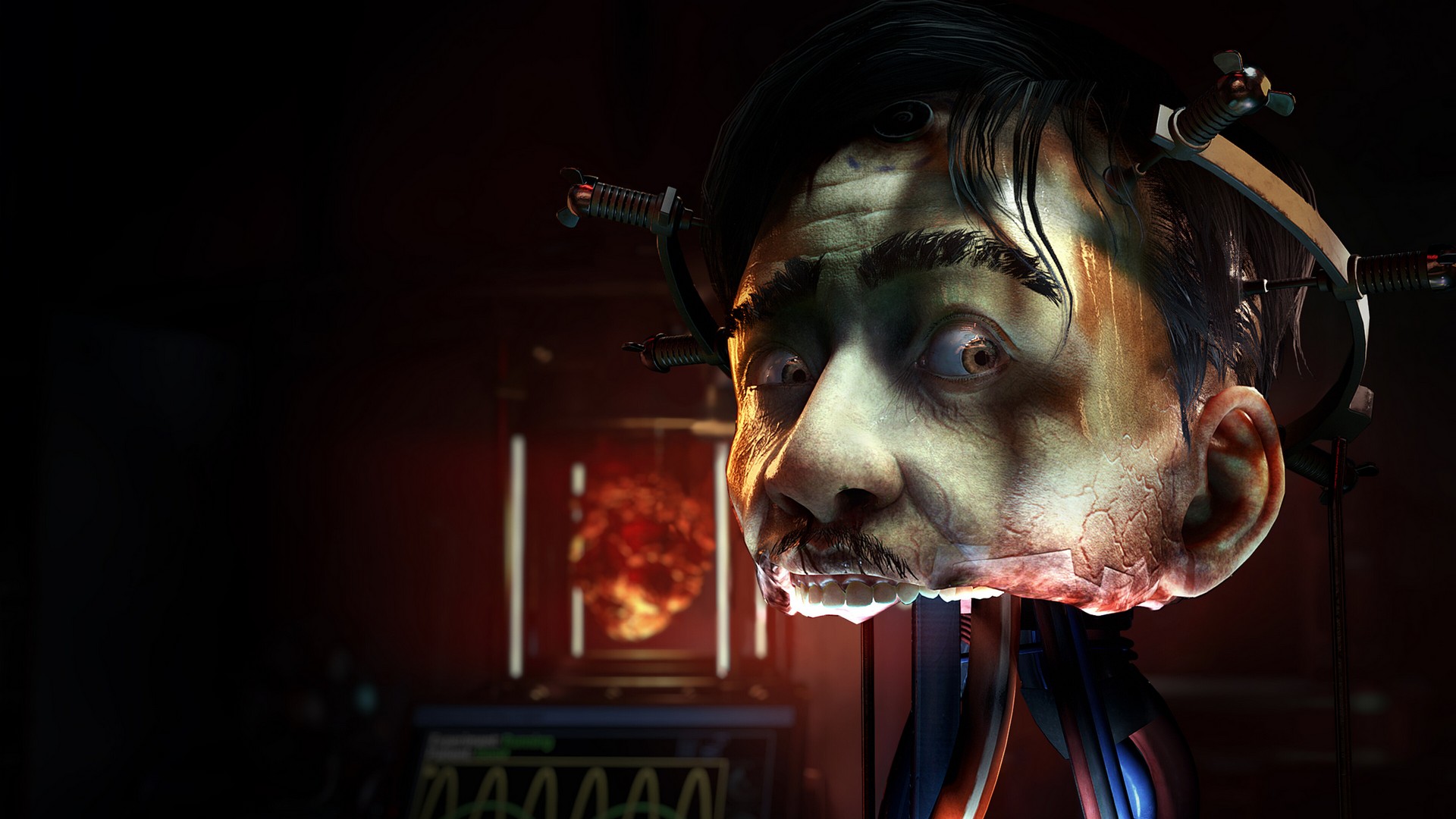 A dismembered head side-eyes the camera with a wide look in Ontos, cleaved in half at the jaw with the edges covered in hasty plasters. A thick, flat cable runs from the back of the head where a spinal cord should be, and the face looks gaunt and sweaty, surrounded by a bolt-based crown that appears medical and industrial in nature