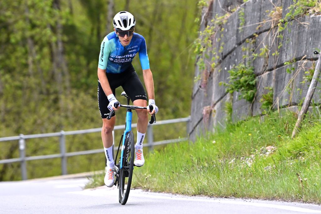 LEYSIN SWITZERLAND APRIL 27 Clement Berthet of France and Decathlon AG2R La Mondiale Team competes in the breakaway during the 77th Tour De Romandie 2024 Stage 4 a 1592km stage from Saillon to Leysin 1314m UCIWT on April 27 2024 in Leysin Switzerland Photo by Luc ClaessenGetty Images