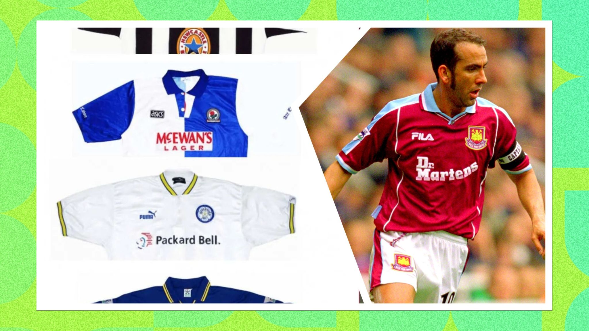 A selection of classic football shirts next to Paulo Di Canio playing for West Ham United